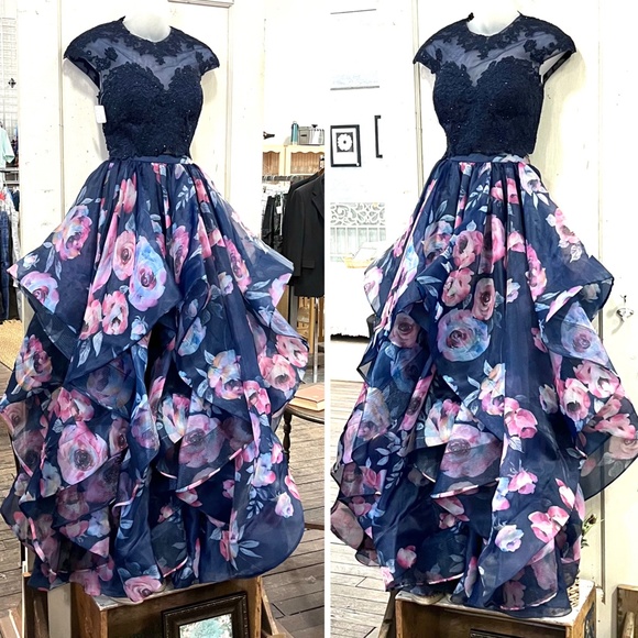 🚫SOLD! NEW! |•MADISON JAMES•| Navy Floral Print Two Piece Formal Prom Dress - Picture 2 of 12